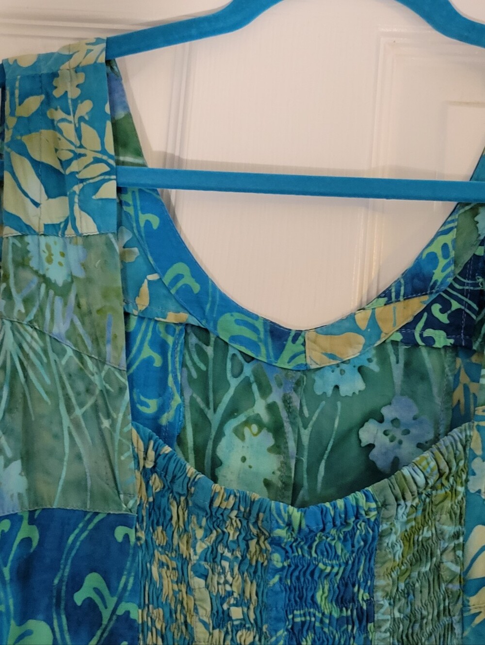 Batik Print Blue and Green Floral Patchwork Sun Dress Size XL Beach Coverup - Picture 12 of 12